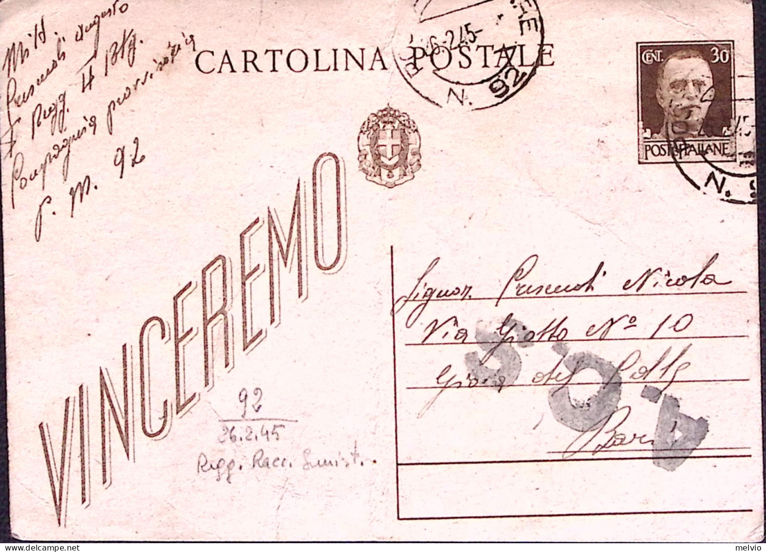 1945-Posta Militare/n.92 C.2 (26.2) Su Cartolina Postale Vinceremo, Piega Centra - Weltkrieg 1939-45