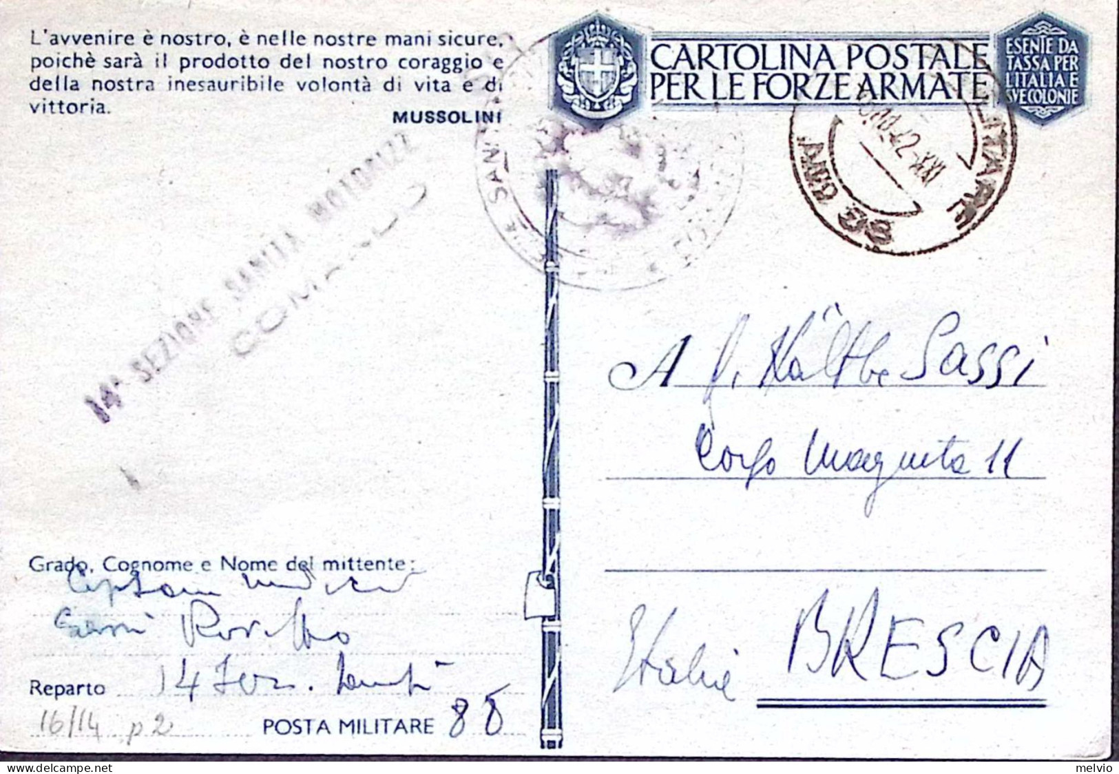 1942-Posta Militare/n.88 C.2 (6.11) Su Cartolina Franchigia - Weltkrieg 1939-45