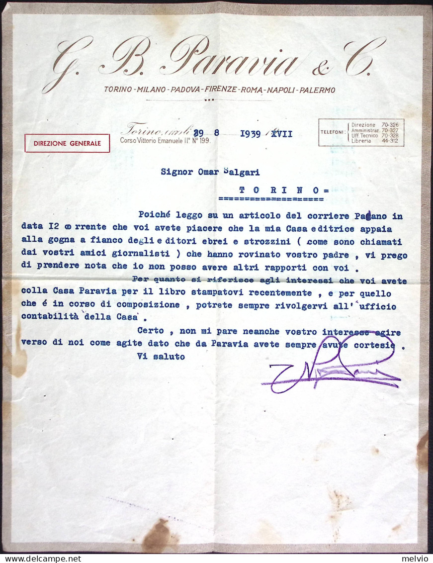 1939-lettera Con Intestazione E Firma Paravia Diretta A Omar Salgari - Historical Figures