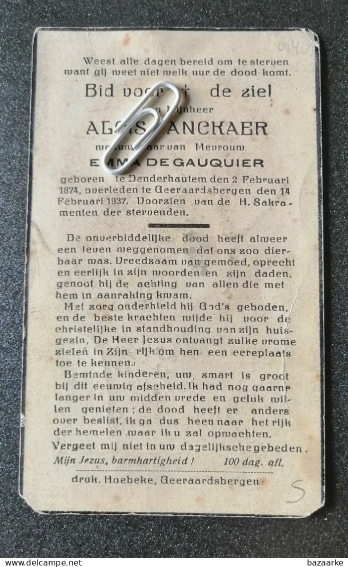 ALOIS ANCKAER ° DENDERHAUTEM 1874 + GERAARDSBERGEN 1937 / EMMA DE GAUQUIER - Images Religieuses