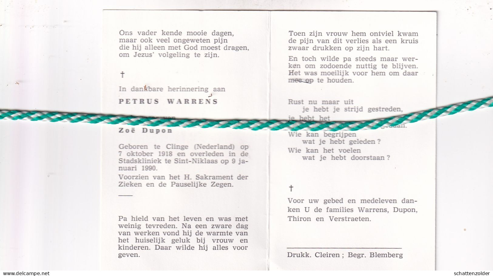 Petrus Warrens-Dupon, Clinge (Nl) 1918, Sint-Niklaas 1990 - Todesanzeige