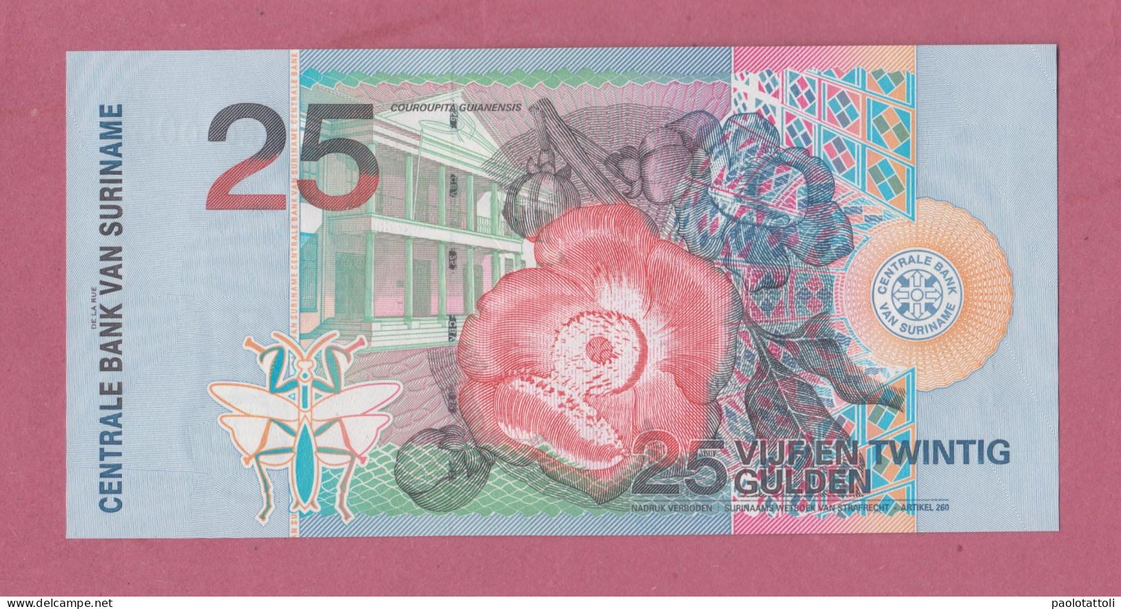Suriname, 1.1.2000- 25 Guiden. Obverse Red-billed White-throated Toucan  . Reverse Cannonball Flower - Suriname
