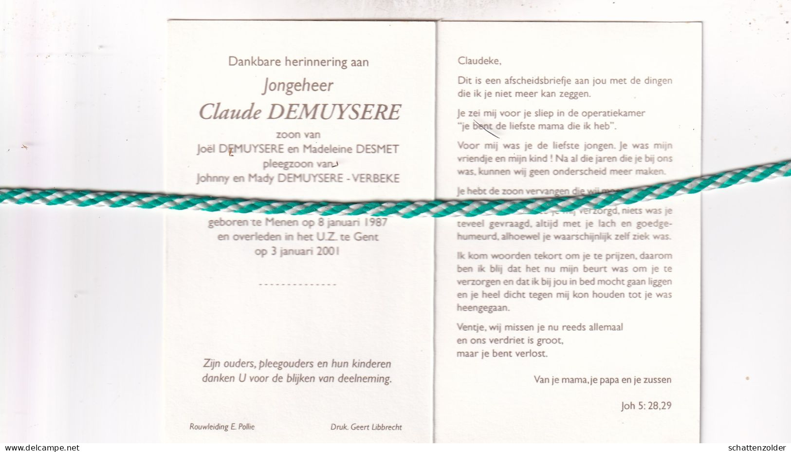 Claude Demuysere, Menen 1987, Gent 2001. Foto - Todesanzeige