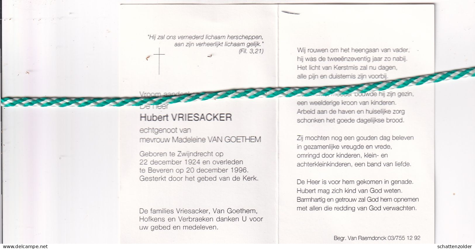 Hubert Vriesacker-Van Goethem, Zwijndrecht 1924, Beveren 1996. Foto - Overlijden