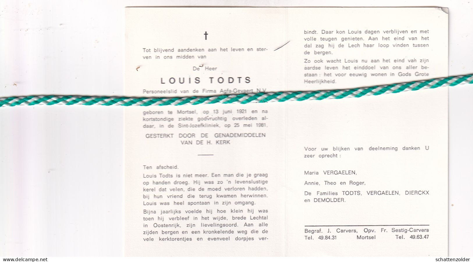 Louis Todts-Vergaelen, Mortsel 1921, 1981 - Esquela