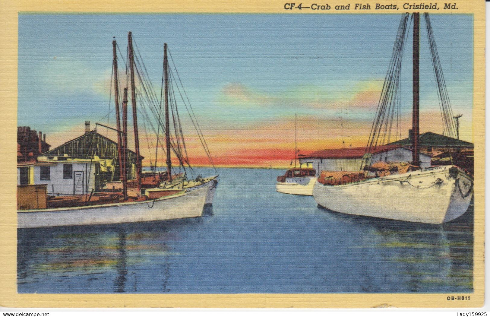 Crab And Fish Boats, Crisfield,  Maryland U S Dock Boats Building Bottom Of The Orange Sky Post 1950 Stamp 2sc - Otros & Sin Clasificación