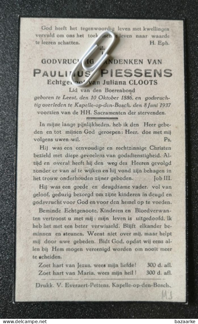 PAULINUS PIESSENS ° LEEST 1886 + KAPELLE-OP-DEN-BOSCH 1937 / JULIANA CLOOTS - Images Religieuses