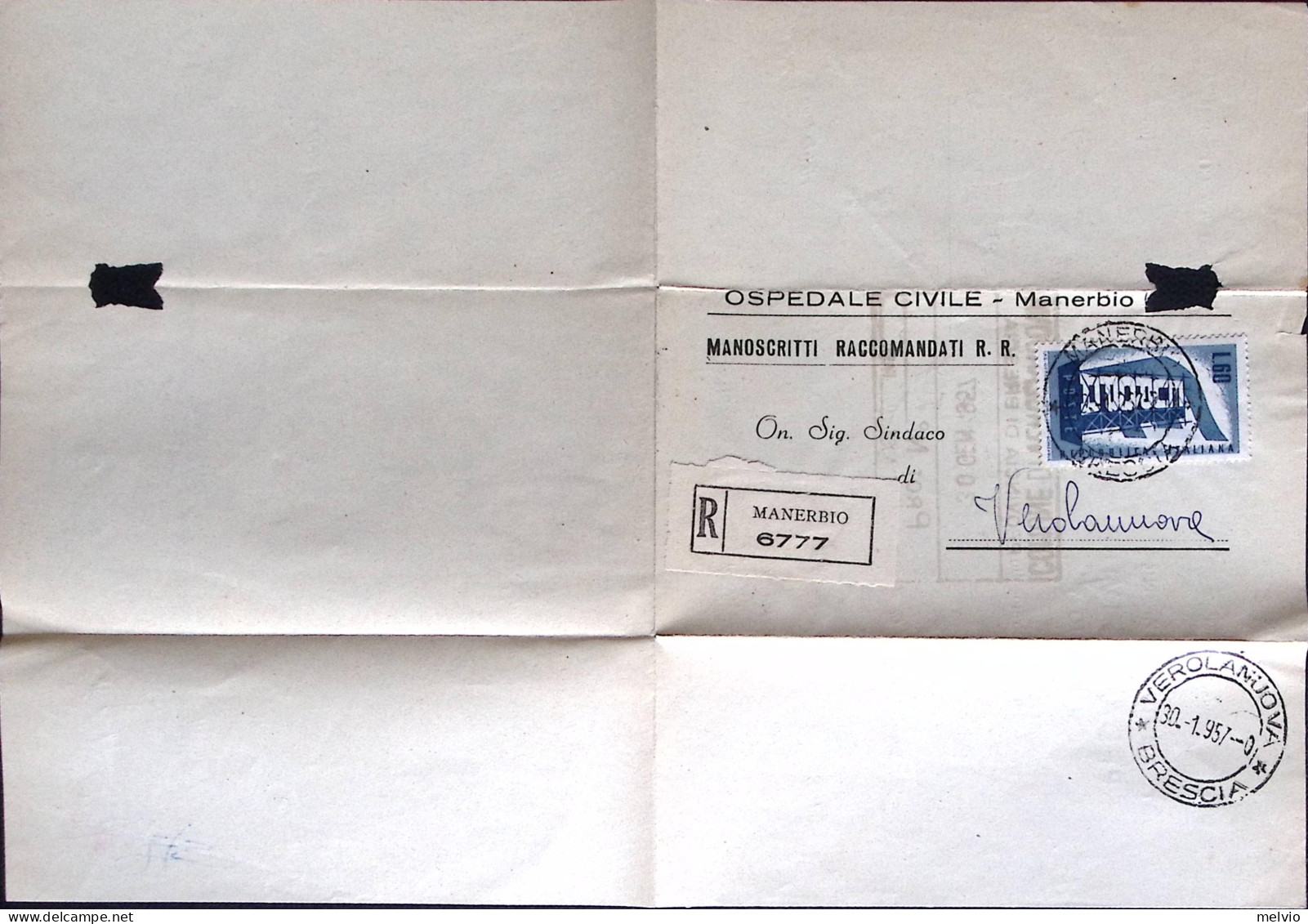 1957-EUROPA1956 Lire 60 Isolato Su Piego Raccomandato Manerbio (29.1) - 1946-60: Poststempel