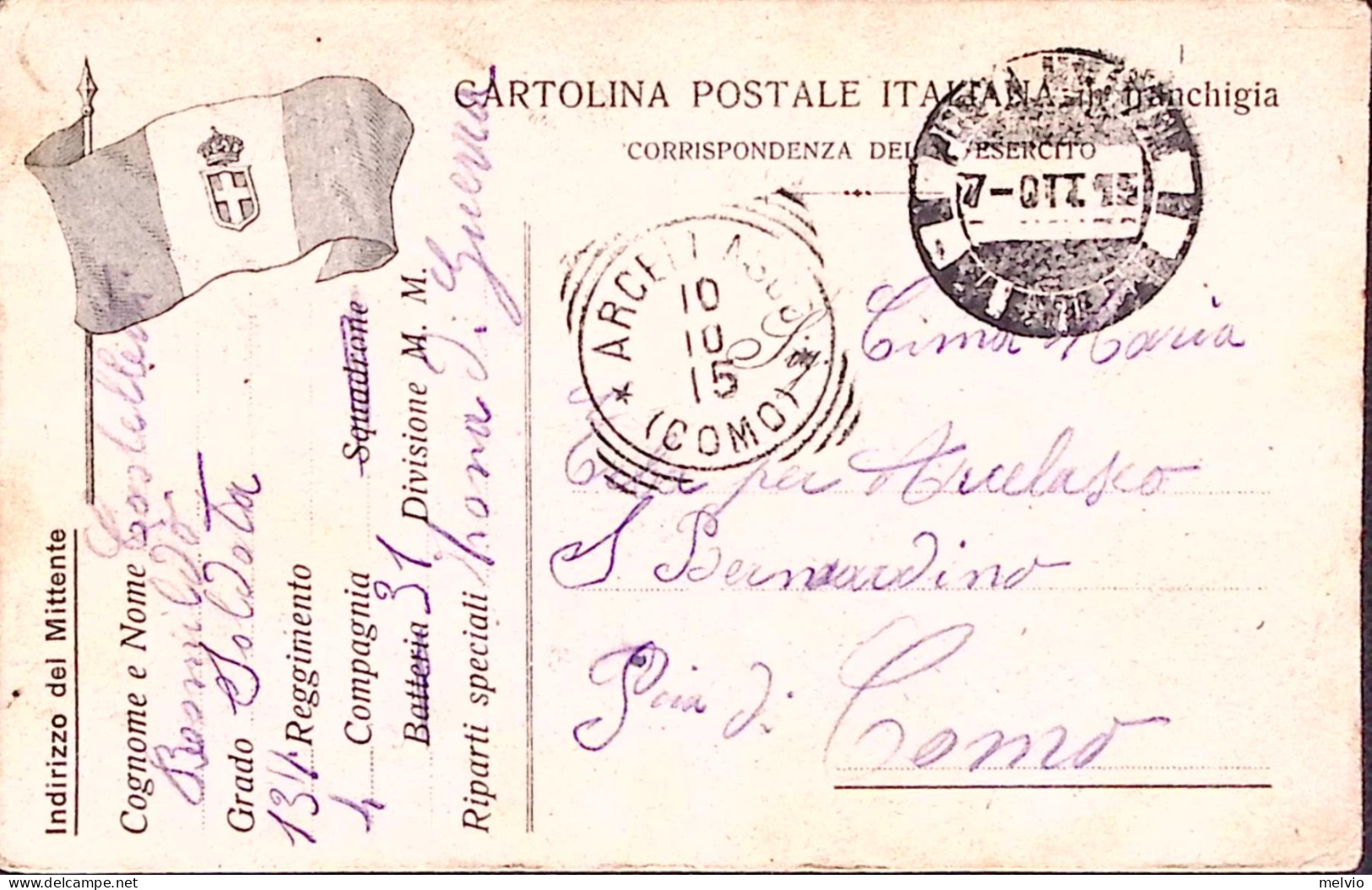 1915-Posta Militare/C 2 Ricoperto (7.10) Su Cartolina Franchigia Non Ufficiale - War 1914-18