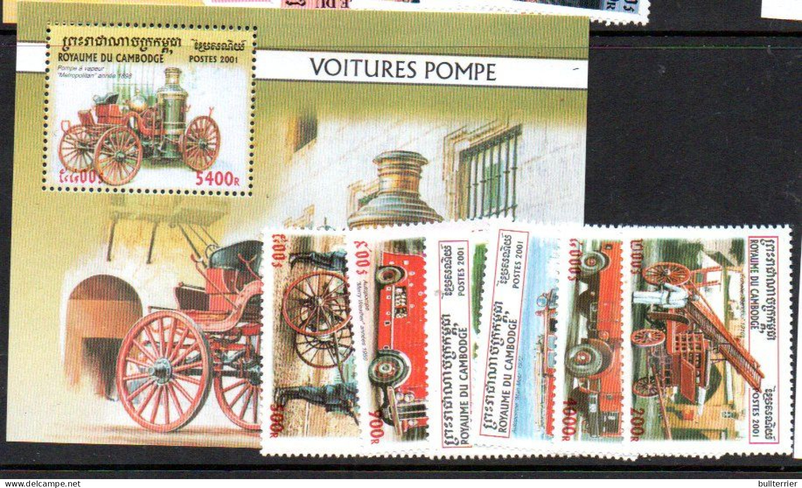 CAMBODIA - 2001- FIRE ENGINES SET OF 6 + SOUVENIR SHEET  MINT NEVER HINGED - Cambodge