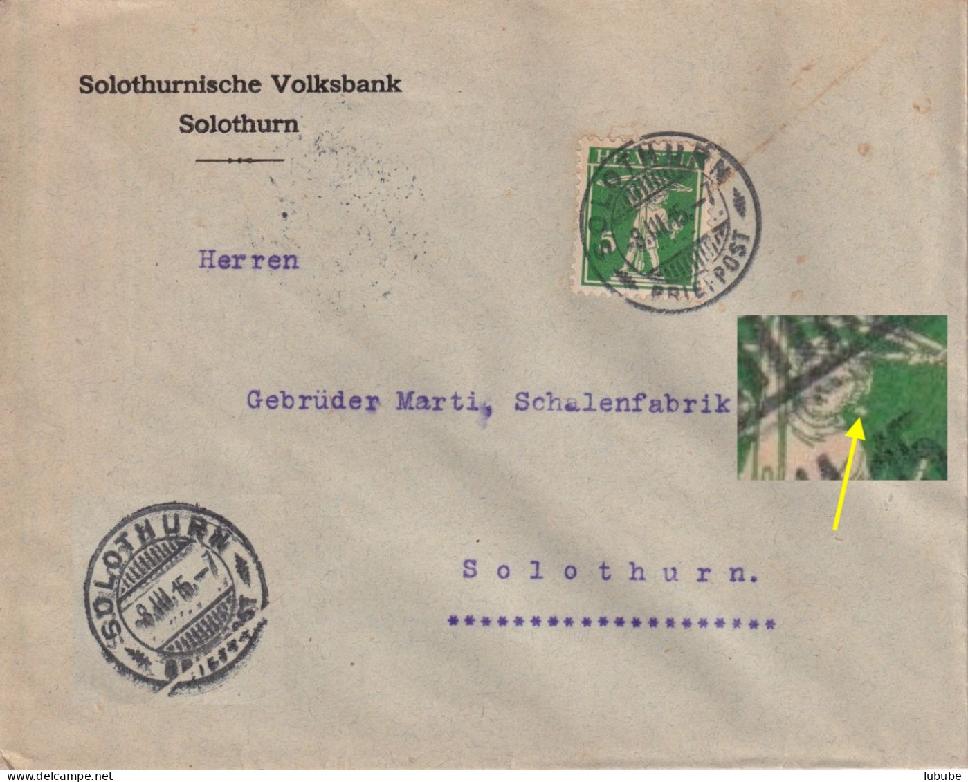 Motiv Brief  "Solothurnische Volksbank, Solothurn"  (Abart)      1915 - Briefe U. Dokumente