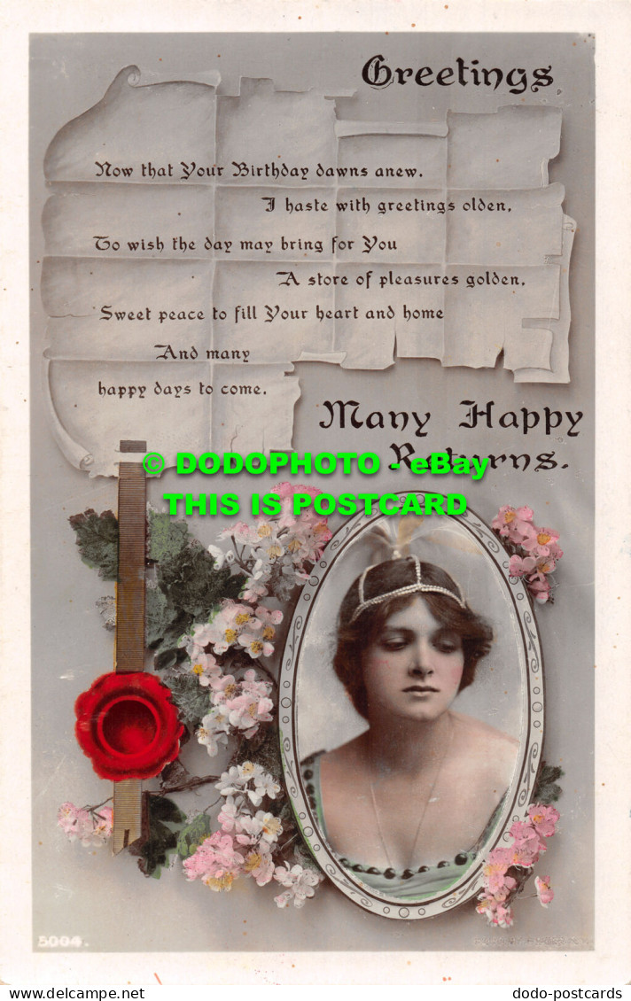 R466515 Greetings Many Happy Returns. Flowers. Woman. Philco Series. Real Photo - Monde