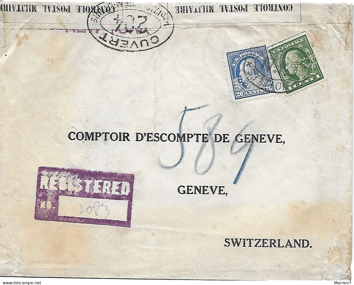 Lettre Recommandée De Etats-Unis à Genève Suisse Ouverte Par La Censure - Censurée -1916 - Yv 182 & 191 Perforés NCB - Lettres & Documents