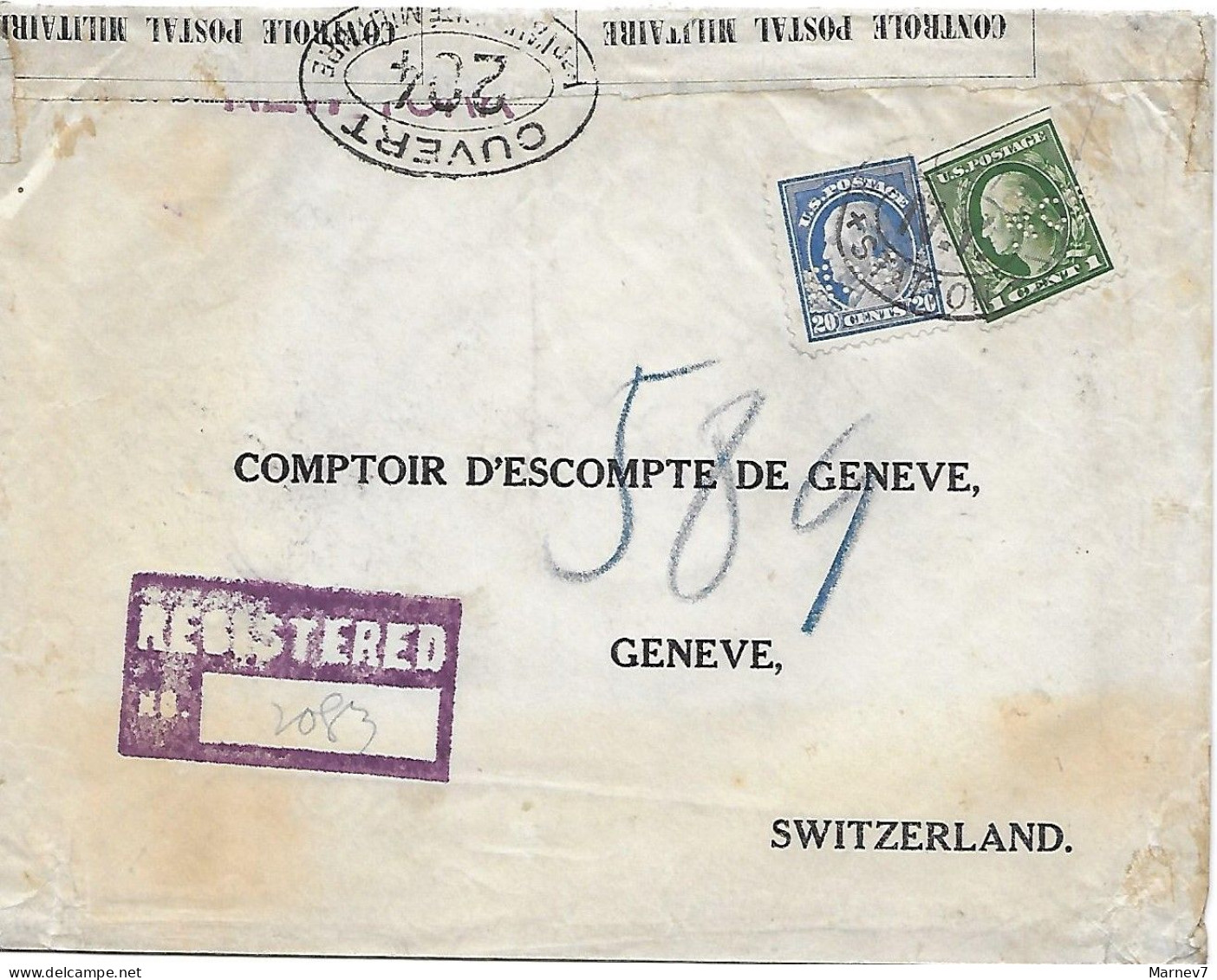 Lettre Recommandée De Etats-Unis à Genève Suisse Ouverte Par La Censure - Censurée -1916 - Yv 182 & 191 Perforés NCB - Briefe U. Dokumente