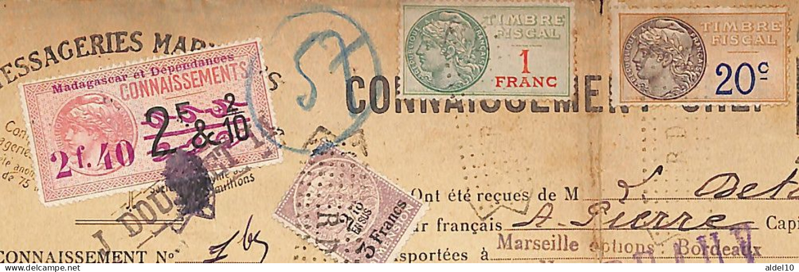 Connaissement De Majunga Pour Bordeaux 1926 Avec Timbre Fiscal Surchargé 2 F 40 De Madagascar - Cartas & Documentos