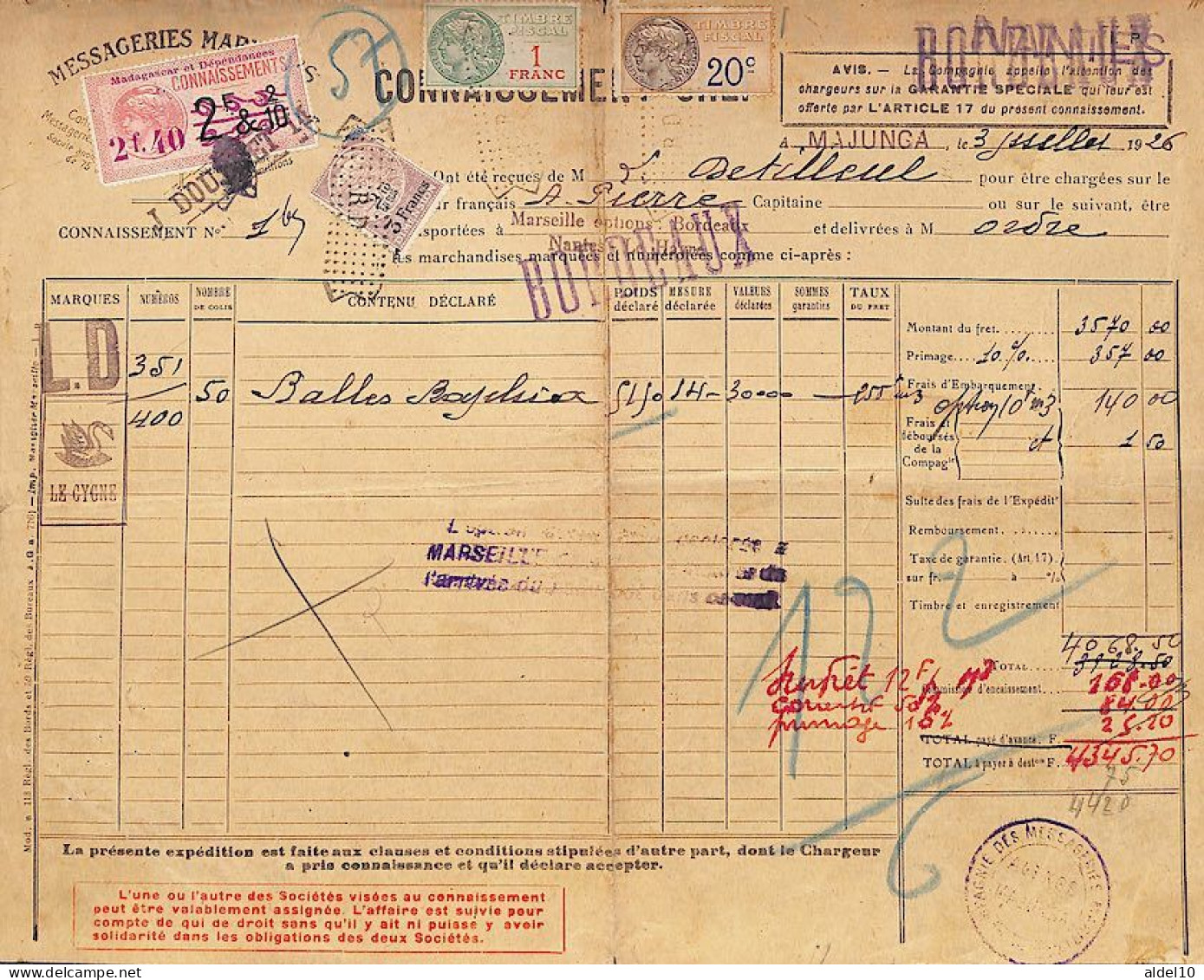 Connaissement De Majunga Pour Bordeaux 1926 Avec Timbre Fiscal Surchargé 2 F 40 De Madagascar - Lettres & Documents