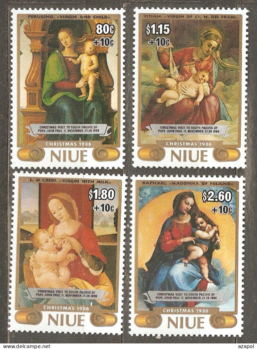 Niue: Full Set Of 4 Mint Stamps - Surtaxed & Overprinted, Christmas - Paintings By Italian Artists, 1986, Mi#690-3, MNH - Niue