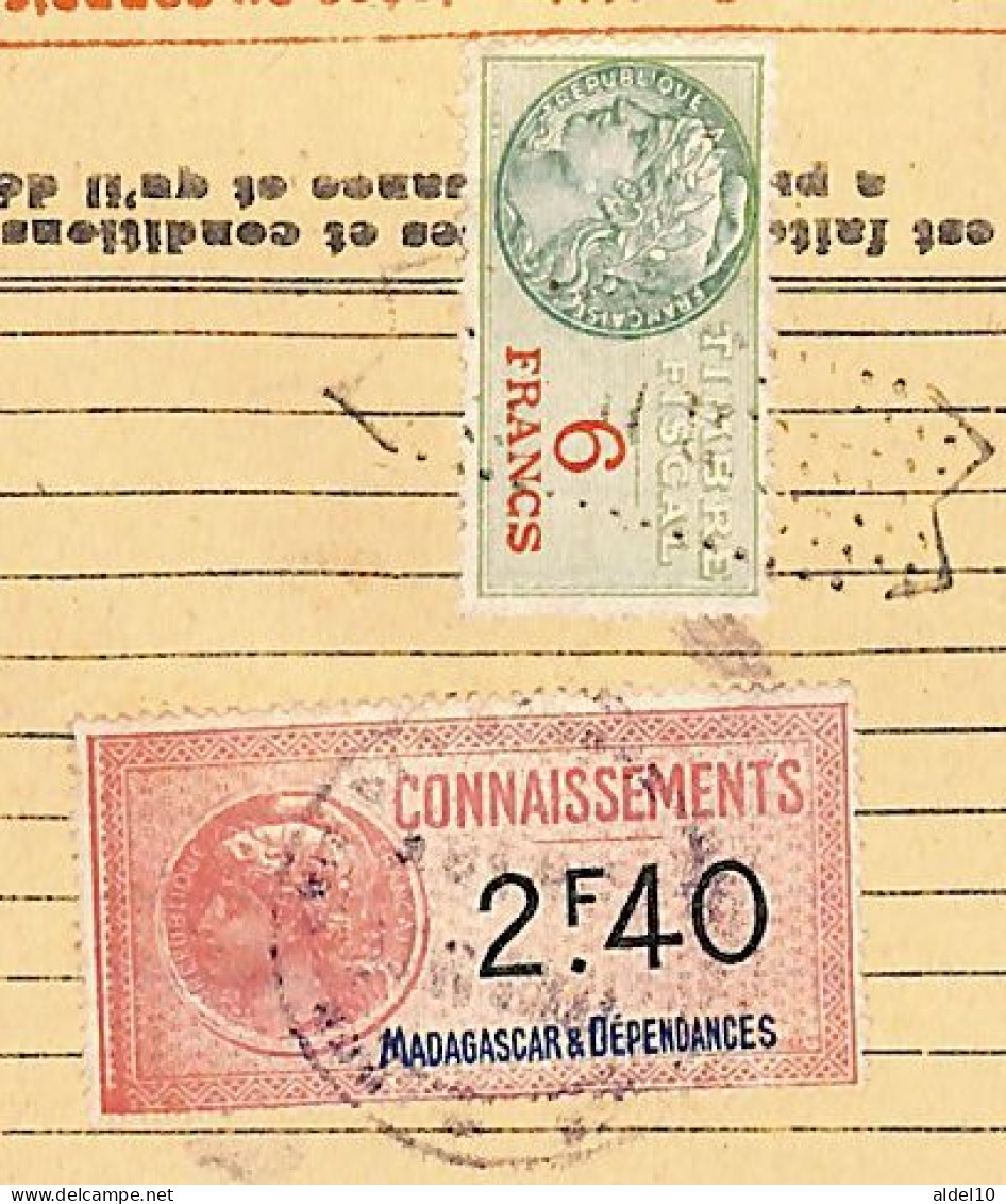 Connaissement De Diégo-Suarez Pour Bordeaux 1929 Avec Timbre Fiscal 2 F 40 Légende Madagascar Bleu Foncée - Brieven En Documenten