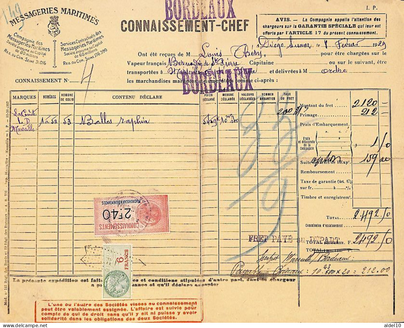 Connaissement De Diégo-Suarez Pour Bordeaux 1929 Avec Timbre Fiscal 2 F 40 Légende Madagascar Bleu Foncée - Cartas & Documentos