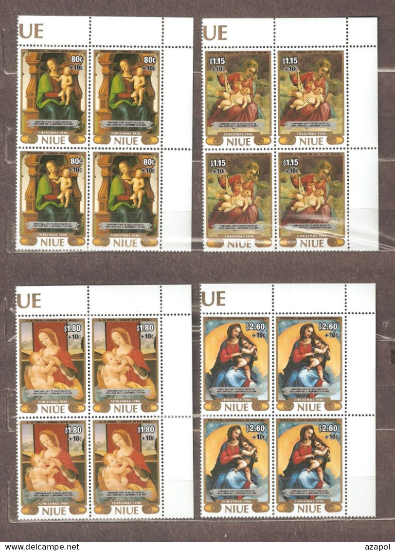 Niue: Full Set Of 4 Mint Stamps In Blocks Of 4 -Surtaxed & Overprinted, Christmas - Paintings, 1986, Mi#690-3, MNH - Niue