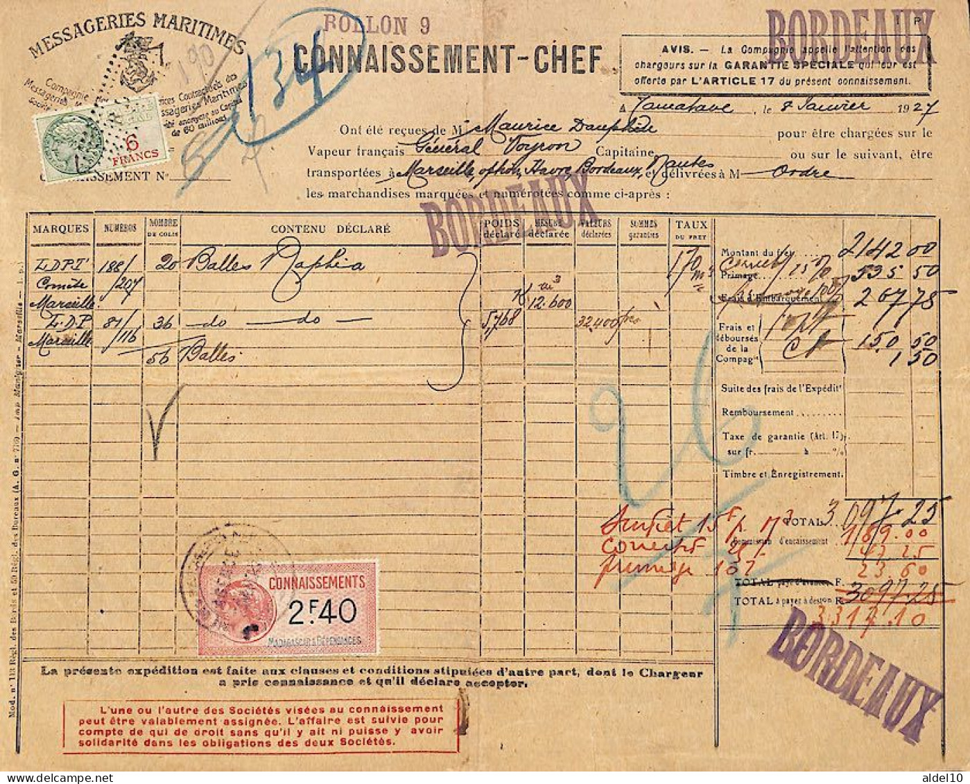 Connaissement De Diégo-Suarez Pour Bordeaux 1929 Timbre Fiscal 2 F 40 Légende Madagascar Bleu Clair - Brieven En Documenten