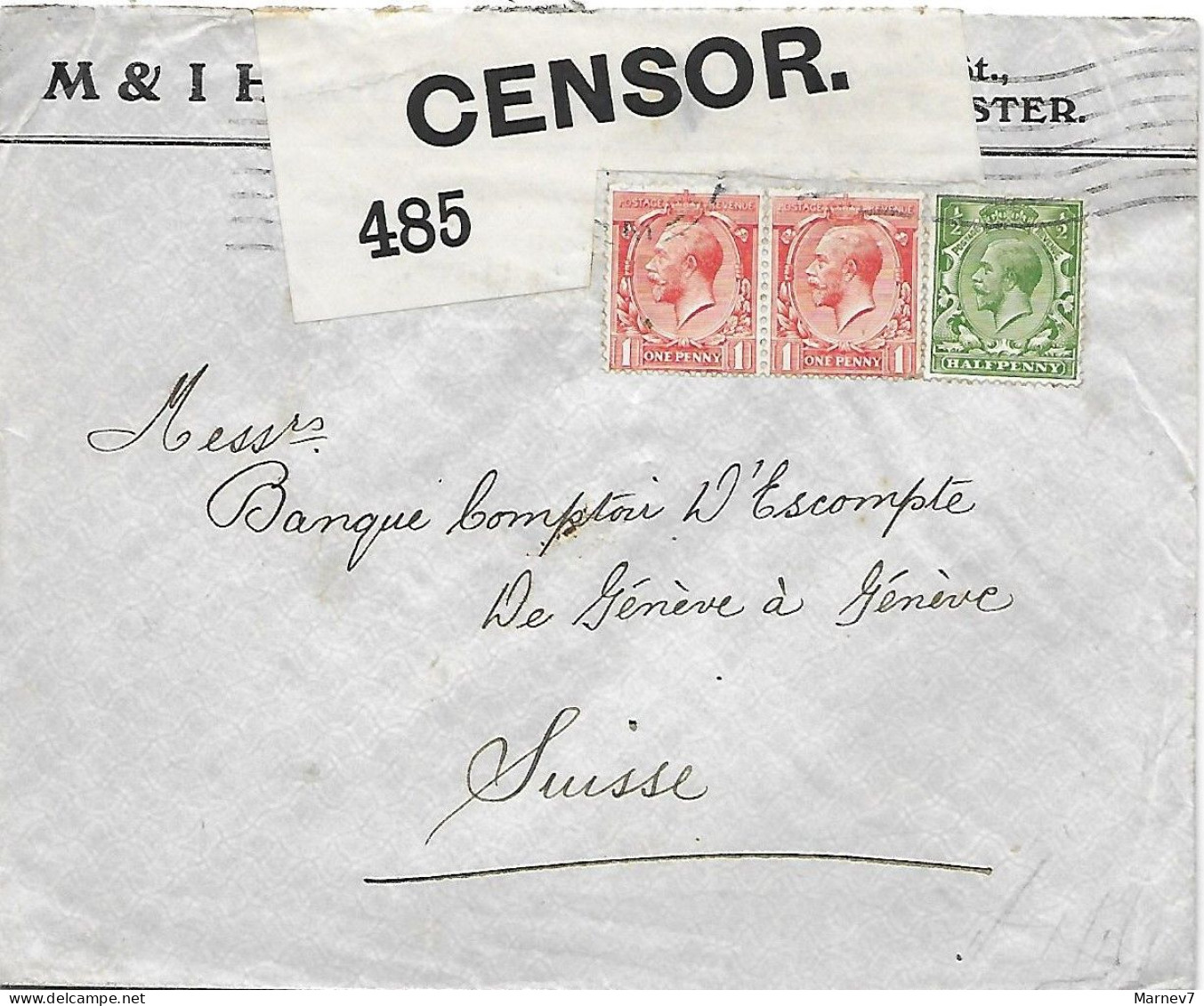 Angleterre - Lettre De MANCHESTER à Genève (Suisse) Censurée Censure 485 - Arrivée 10 1 1916 - Lettres & Documents