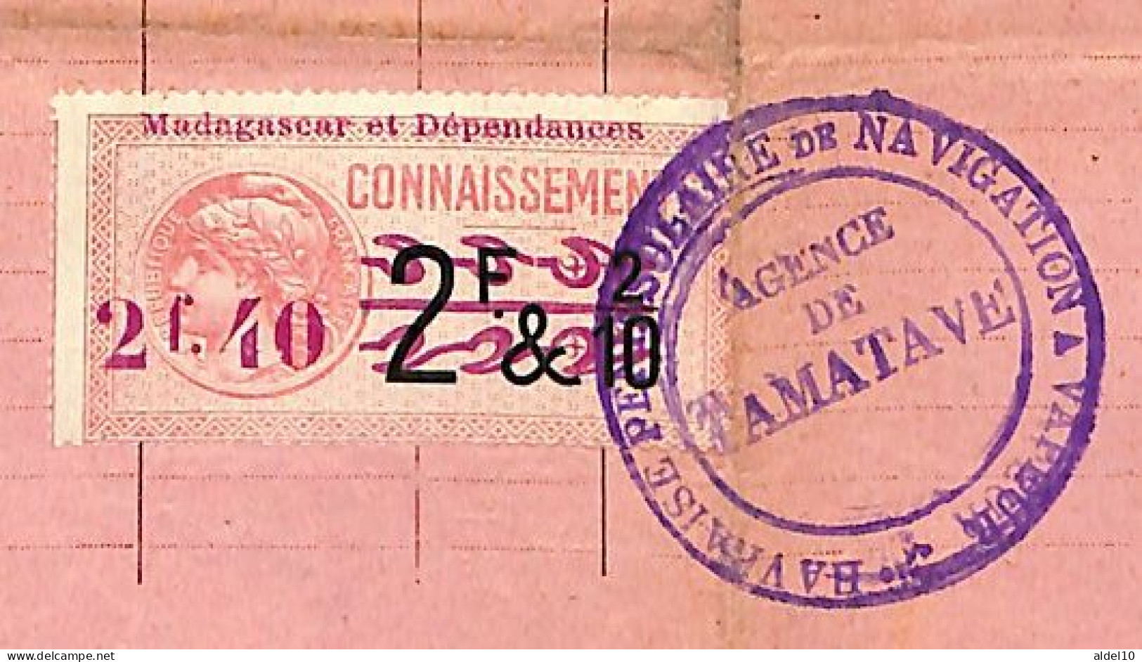 Connaissement De Tamatave Pour Bordeaux 1923 Timbre Fiscal Madagascar Surcharge 2 F 40 - Covers & Documents