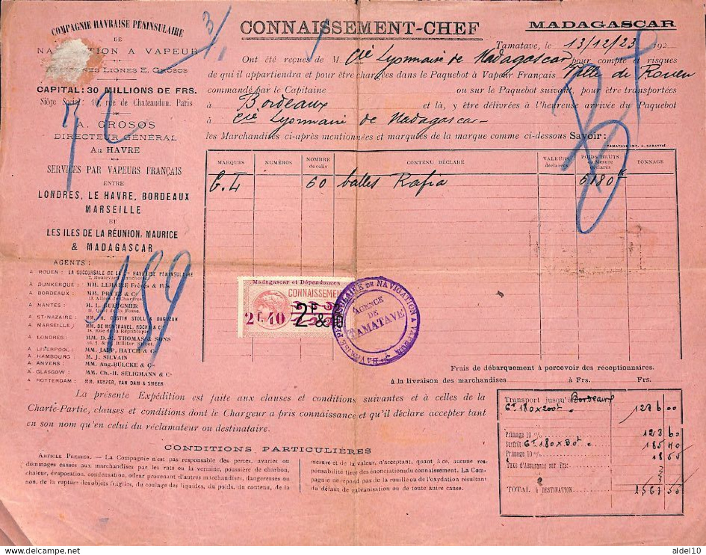 Connaissement De Tamatave Pour Bordeaux 1923 Timbre Fiscal Madagascar Surcharge 2 F 40 - Lettres & Documents
