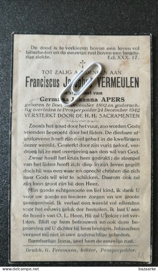 FRANCISCUS JOSEPHUS VERMEULEN ° DOEL 1892 + PROSPERPOLDER 1942 / GERMANA  APERS - Devotion Images