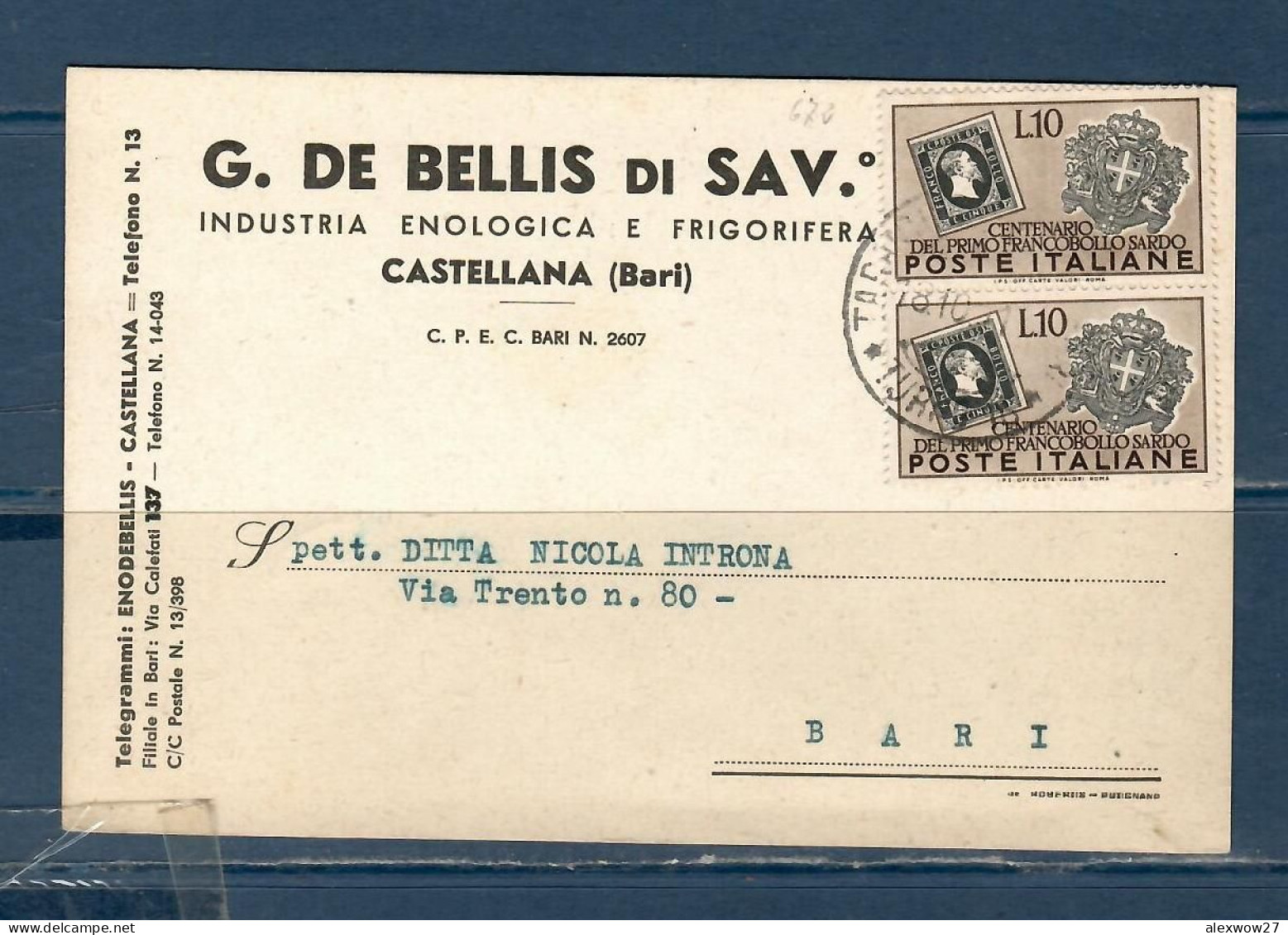 Italia / Repubblica 1951 Cartolina Commerciale Da Castellana ( Bari) Per Bari - 1946-60: Marcophilie