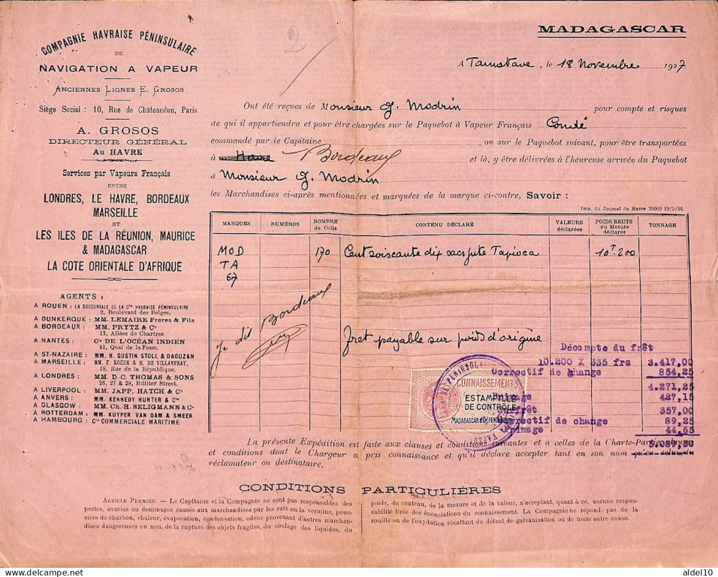 Connaissement De Tamatave Pour Bordeaux 1927 Timbre Fiscal Madagascar Estampille De Contrôle - Covers & Documents