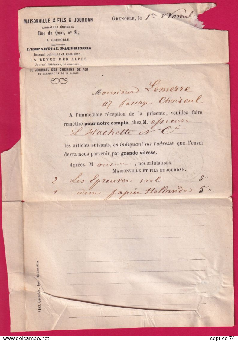 CAD TAXE PARIS 15C R BONAPARTE 1866 LETTRE ACHEMINEE DE GRENOBLE ISERE POUR PARIS LETTRE - 1801-1848: Précurseurs XIX