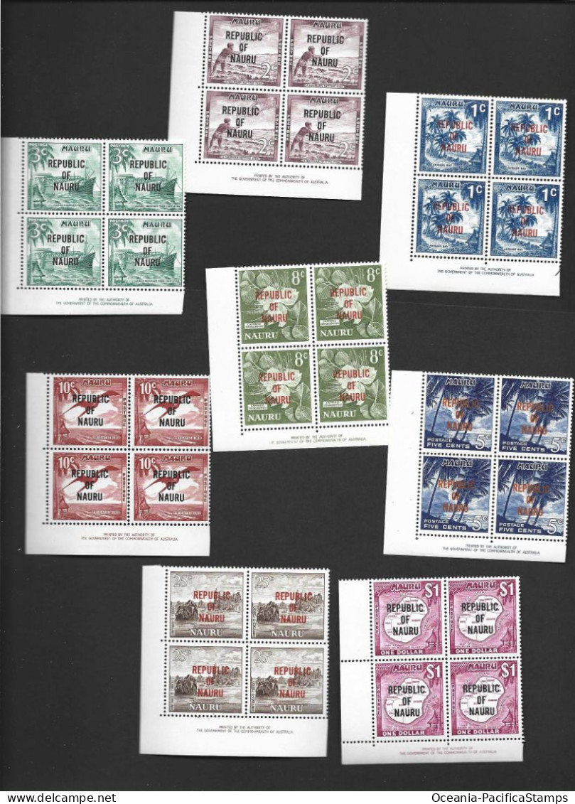 Nauru 1968 Republic Overprint Definitives 1c - $1 - 8 Different Imprint Blocks Of 4 MNH - Nauru
