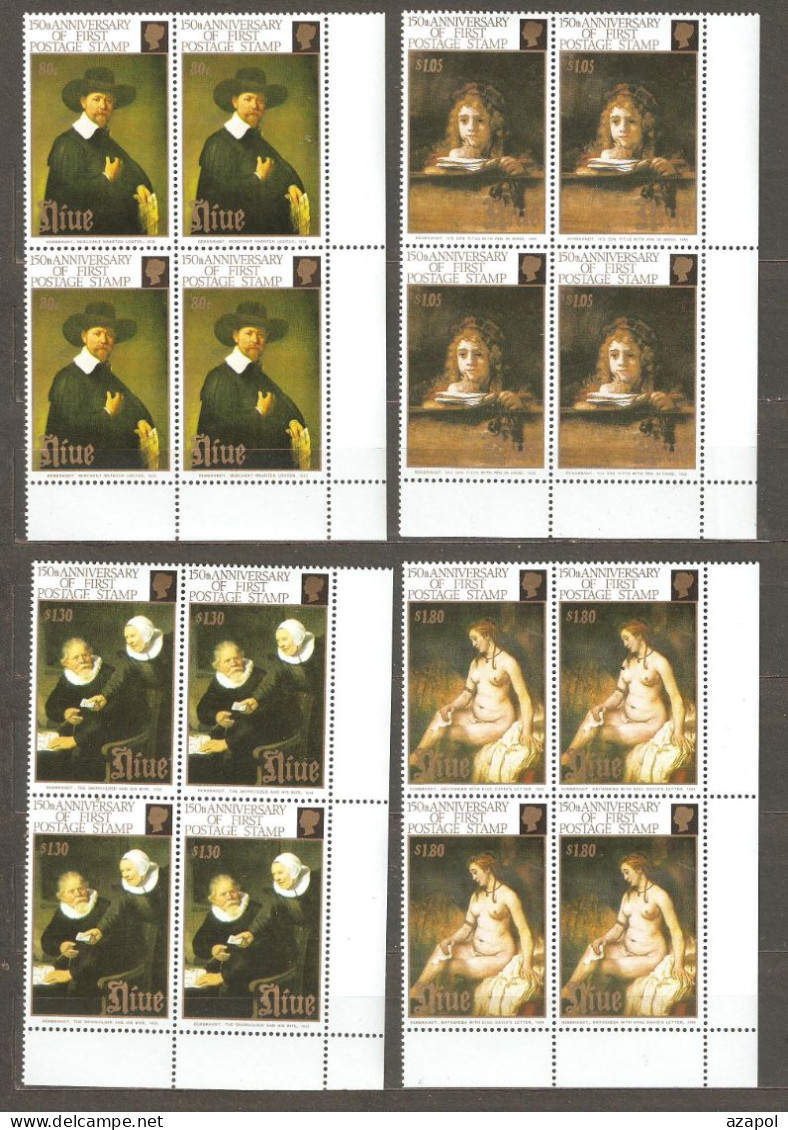 Niue: Full Set Of 4 Mint Stamps In Block Of 4, 150 Years Of First Stamp, Painting By Rembrandt, 1990, Mi#757-60, MNH - Niue