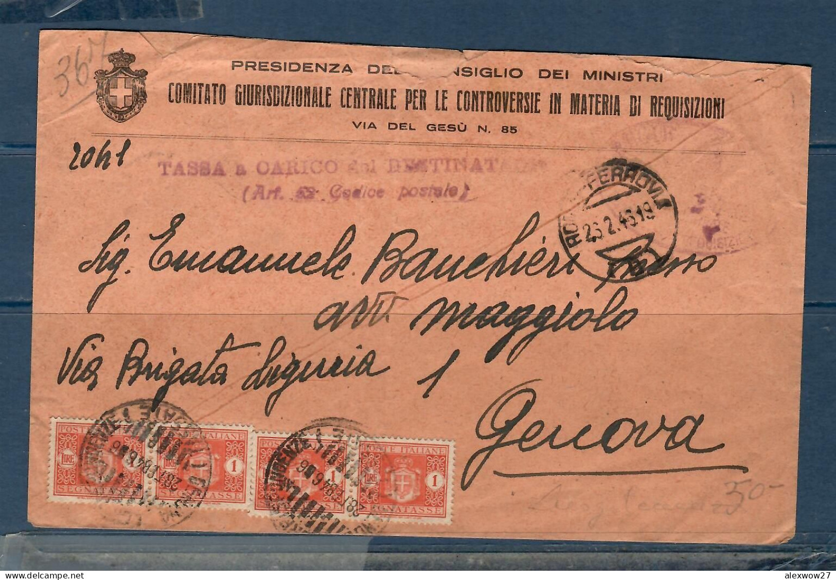 Italia / Lungotenenza  1946 Lettera Da Roma Per Genova TASSATA - Marcophilia