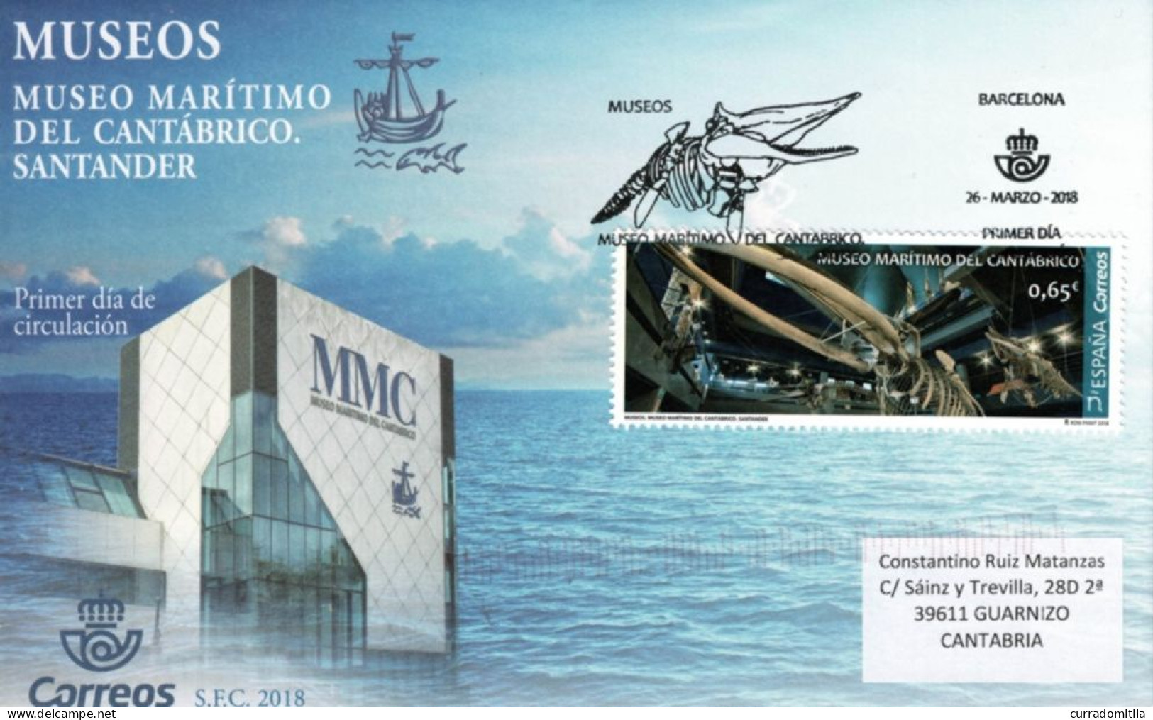 SPAIN. Barcelona Circulated First Day Cover From Santander With Maritime Museum Of Santander. Skeleton Of A Whale - Whales