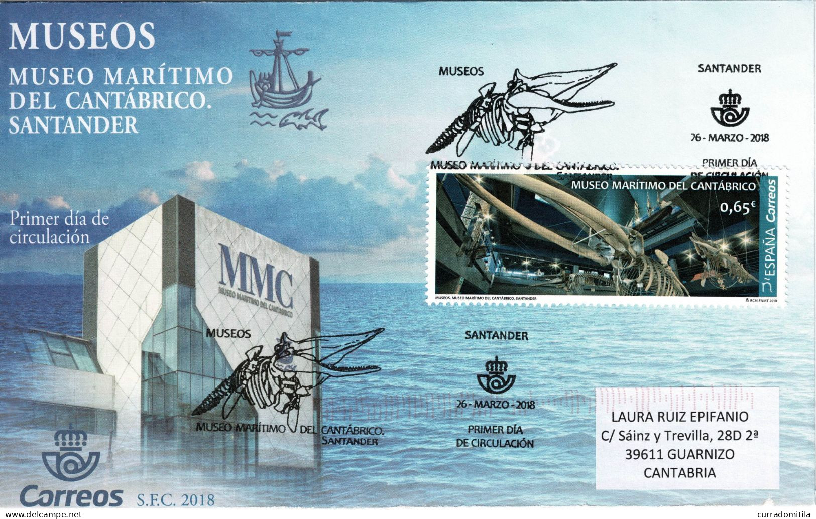 SPAIN. Circulated First Day Cover From Santander With Maritime Museum Of Santander. Skeleton Of A Whale - Whales