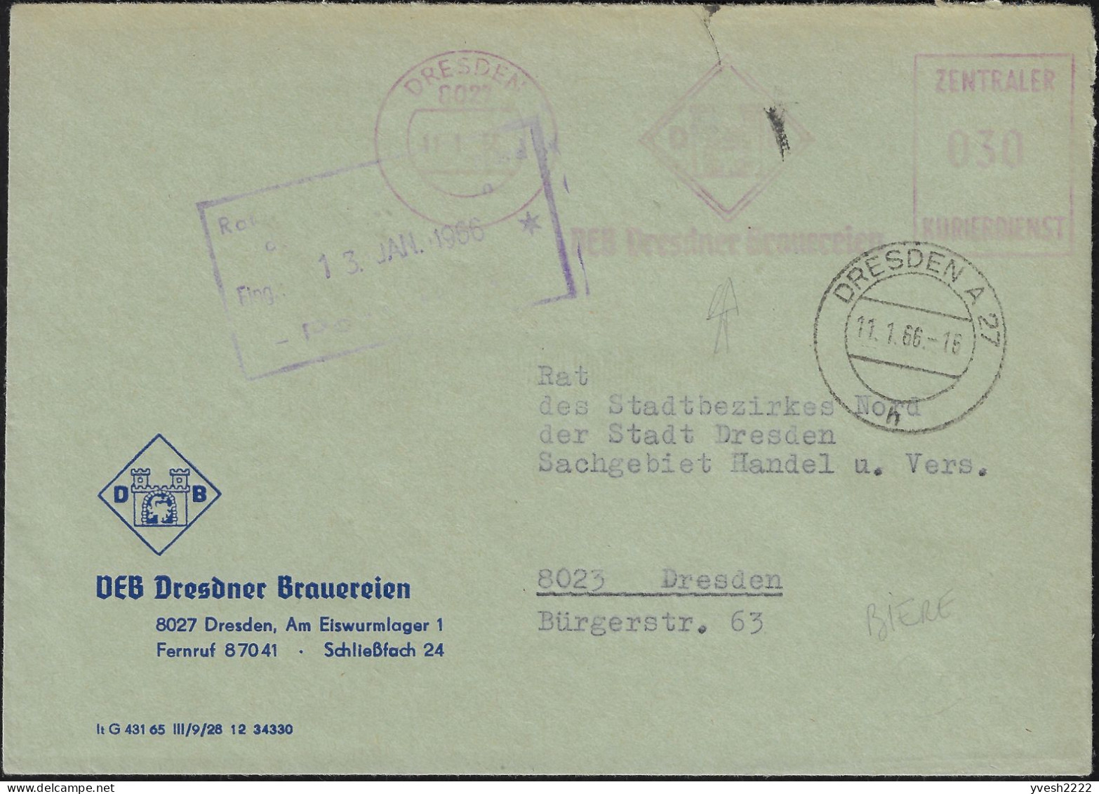 Allemagne De L'Est 1966. Poste Privée Courier, Empreinte De Machine à Affranchir Brasseries De Dresde - Beers
