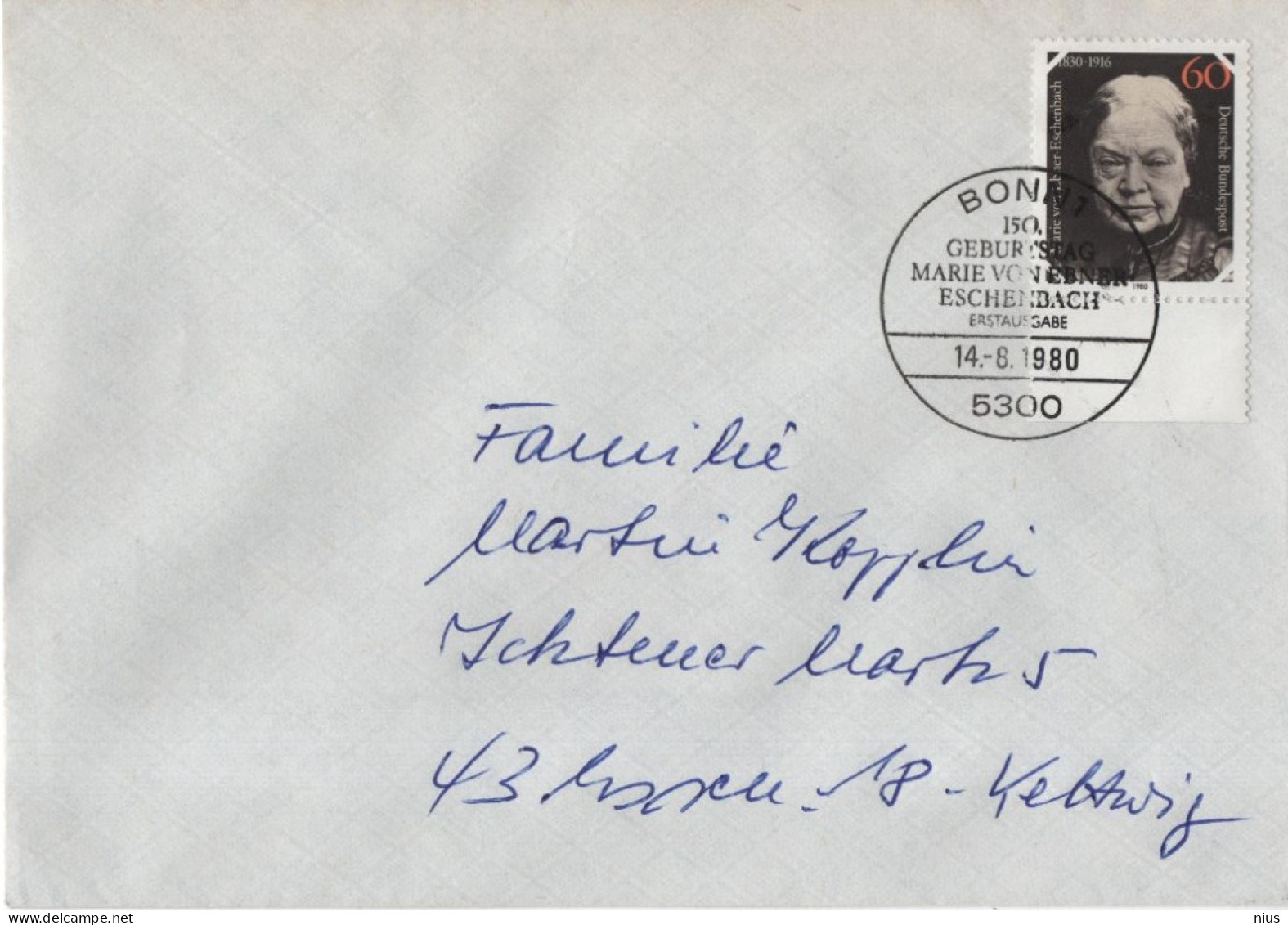 Germany Deutschland Austria 1980 FDC Marie Von Ebner-Eschenbach, Austrian Writer, Canceled In Bonn - 1971-1980