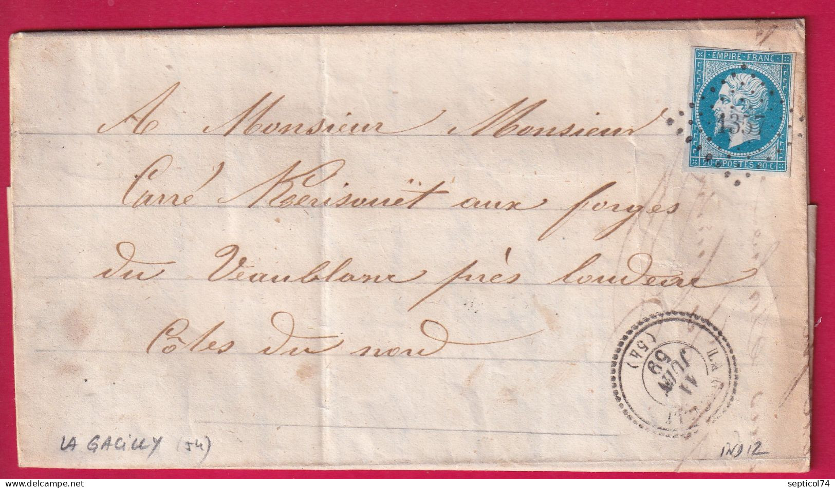 N°14 PC 1357 LA GACILLY MORBIHAN CAD TYPE 22 POUR VAUBLANC LOUDEAC COTES DU NORD INDICE 12 LETTRE - 1849-1876: Période Classique