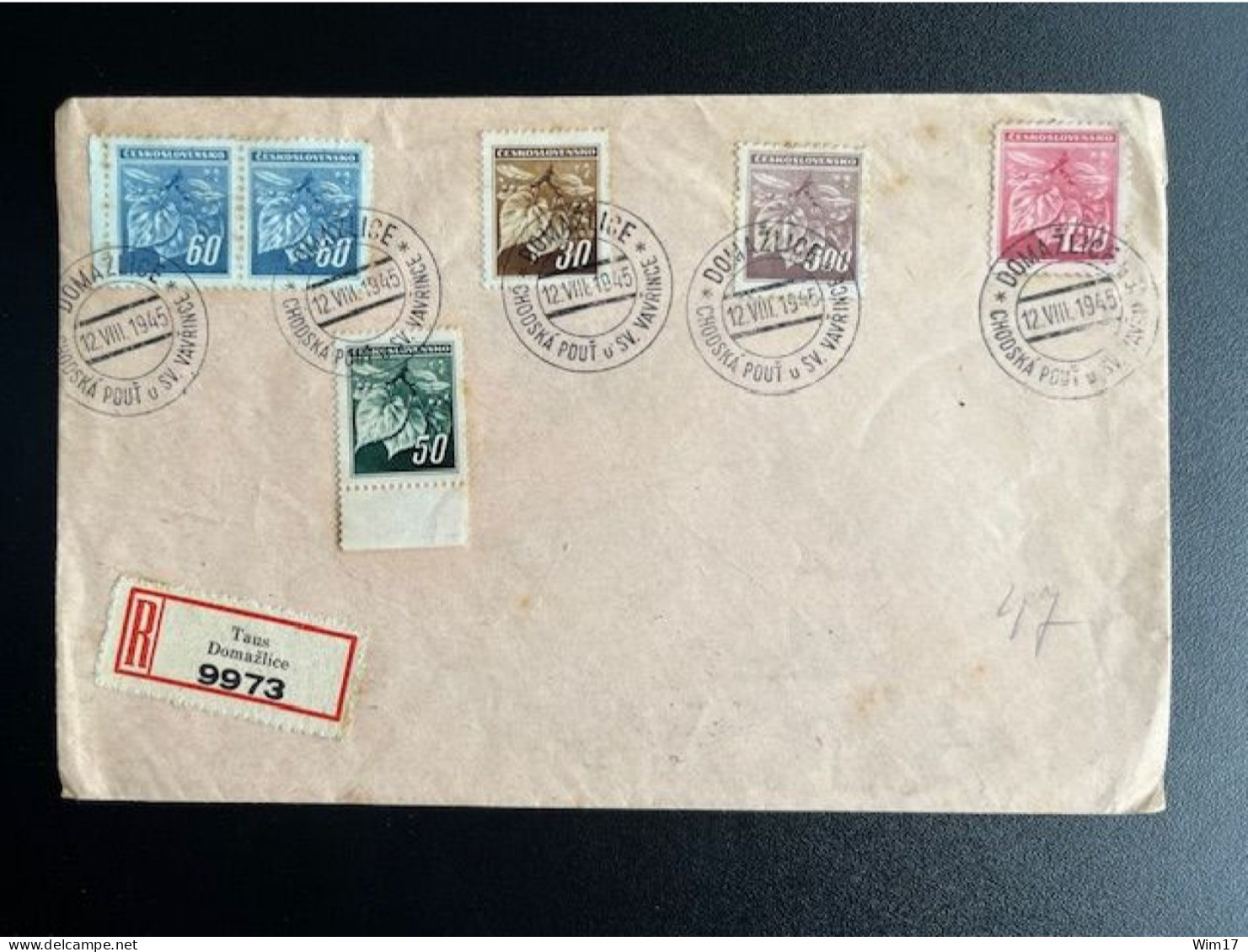 CZECHOSLOVAKIA 1945 REGISTERED LETTER TAUS DOMAZLICE TO PRAHA PRAGUE 12-08-1945 CESKOSLOVENSKO EINSCHREIBEN - Covers & Documents