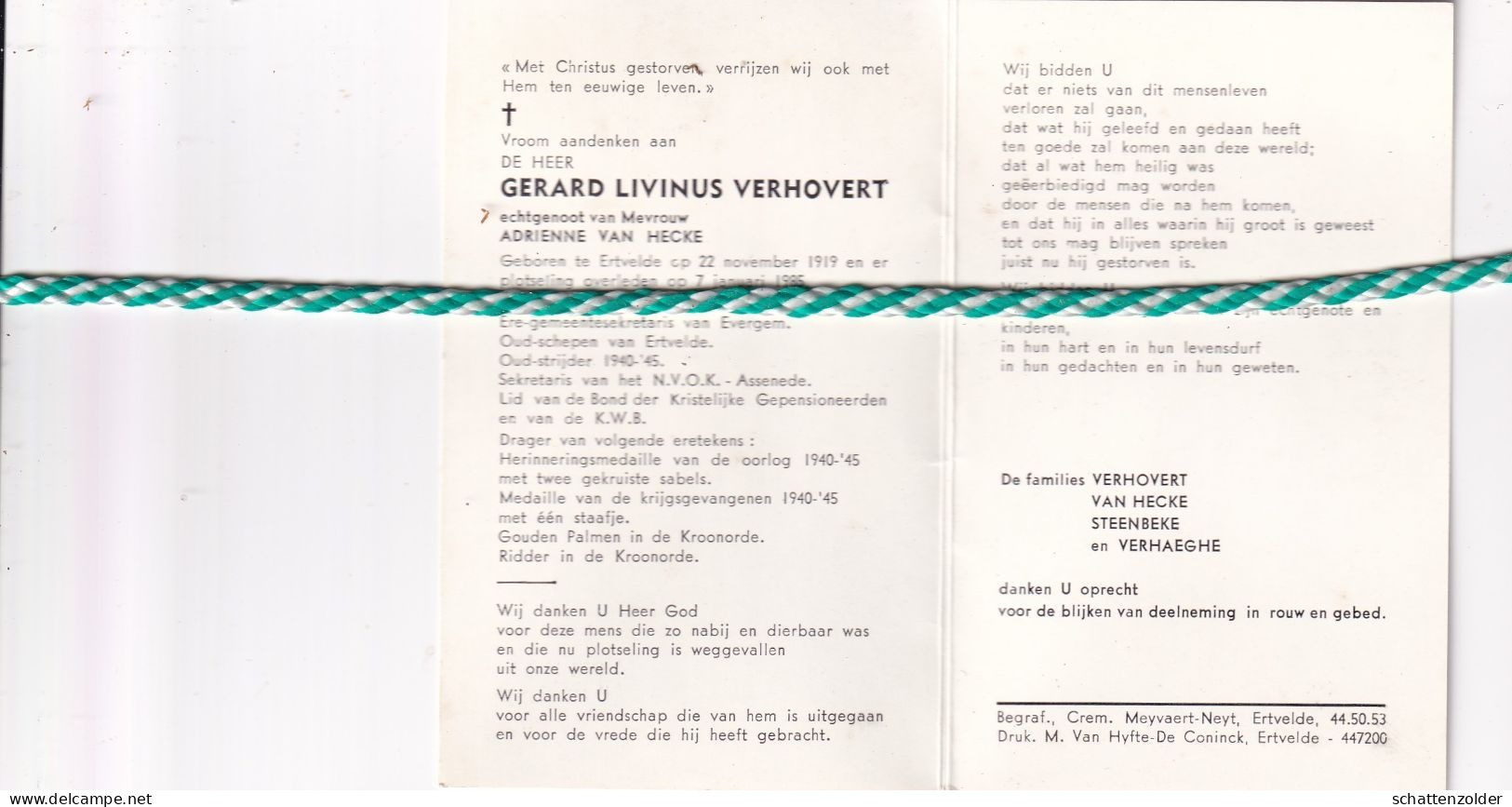 Gerard Livinus Verhovert-Van Hecke, Ertvelde 1919, 1985. Oud Schepen Ertvelde. Foto - Todesanzeige