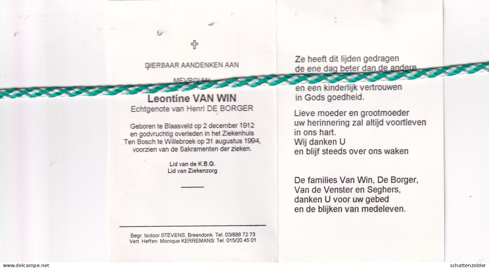 Leontine Van Win-De Borger, Blaasveld 1912, Willebroek 1994 - Obituary Notices