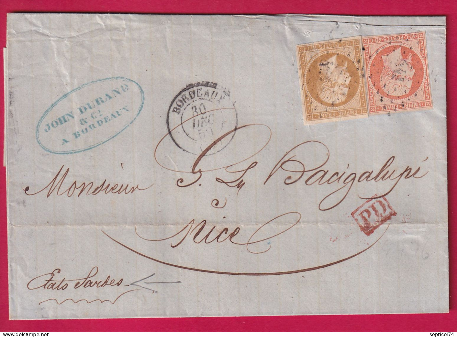 N°13 + 16 PC 441 BORDEAUX GIRONDE POUR NICE ALPES MARITIMES ETATS SARDES 1859 LETTRE - 1849-1876: Période Classique