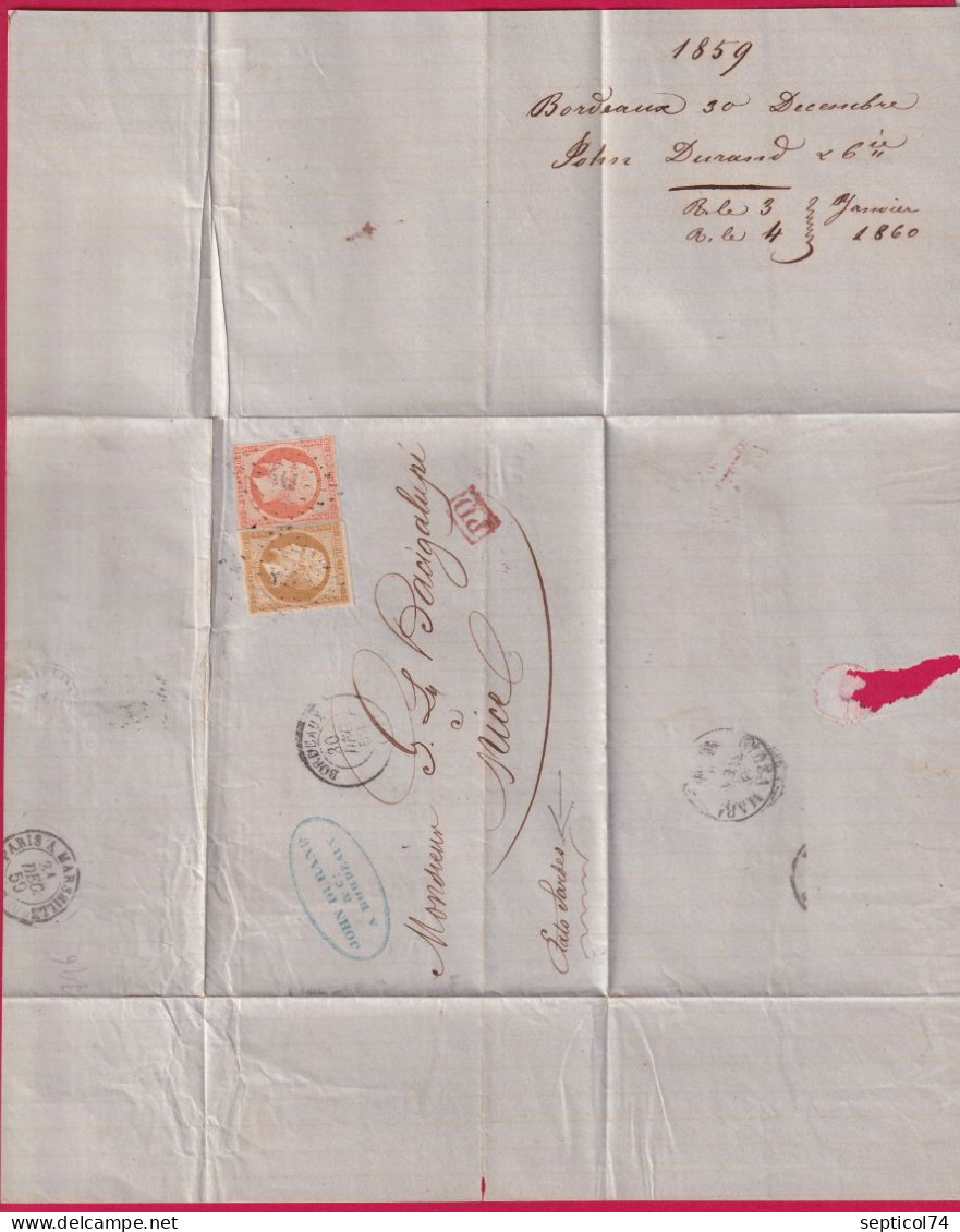 N°13 + 16 PC 441 BORDEAUX GIRONDE POUR NICE ALPES MARITIMES ETATS SARDES 1859 LETTRE - 1849-1876: Periodo Classico