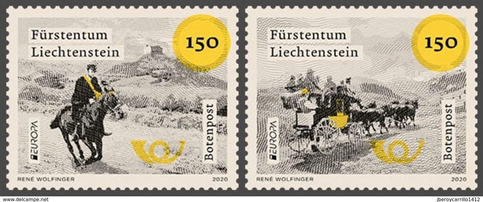 LIECHTENSTEIN  -EUROPA 2020-"ANTIGUAS RUTAS POSTALES - ANCIENT POSTAL ROUTES"- SET Of 2 Stamps - 2020