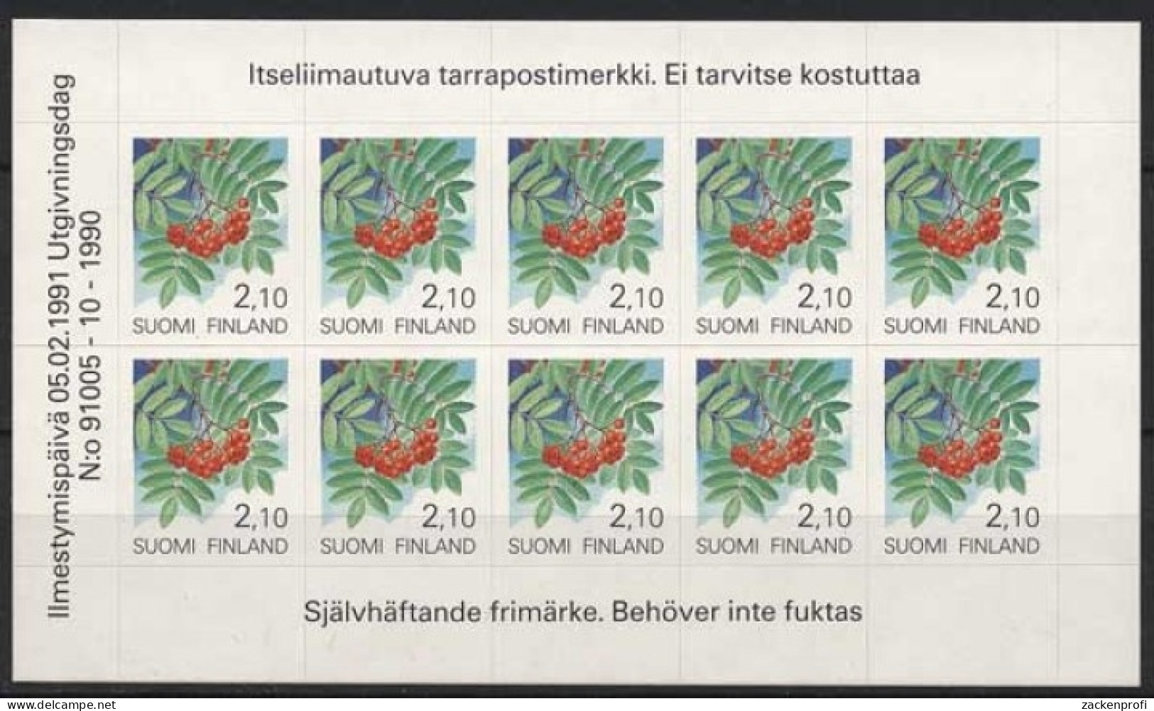 Finnland 1991 Freimarken Pflanzen Eberesche Folienblatt 1129 FB Postfr.(C92941) - Ongebruikt