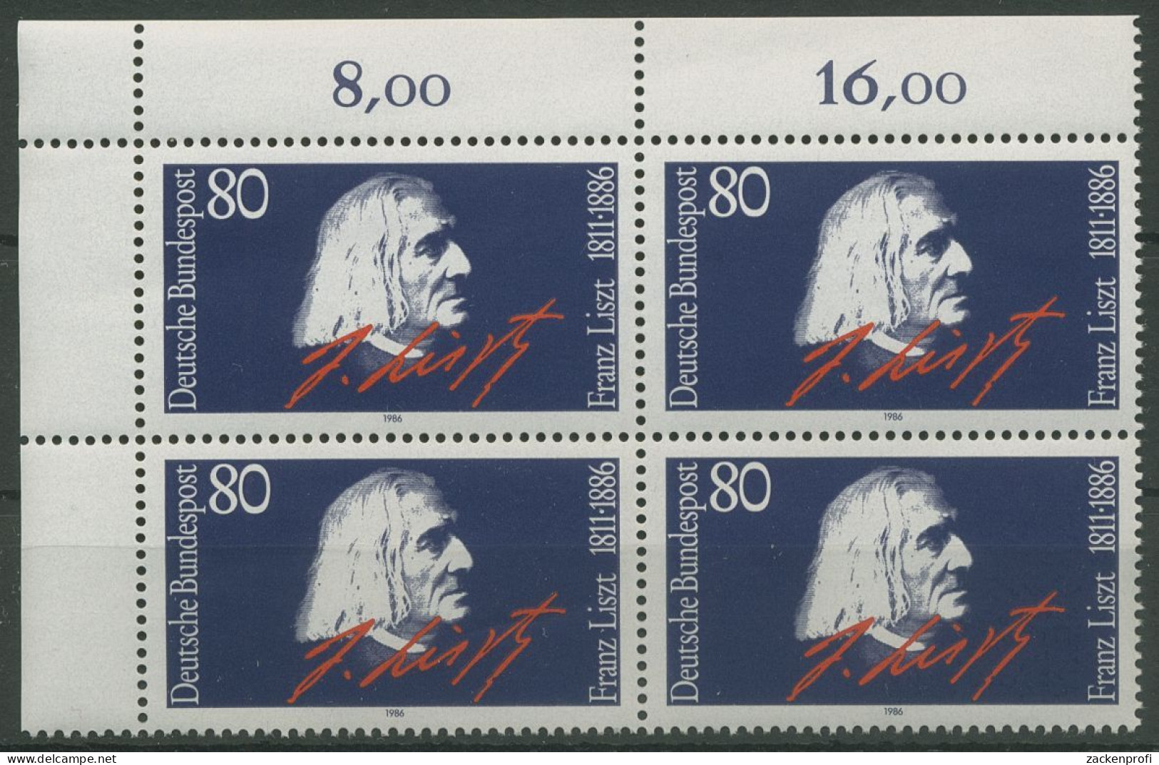 Bund 1986 Komponist Franz Liszt 1285 4er-Block Ecke 1 Postfrisch (R80130) - Unused Stamps