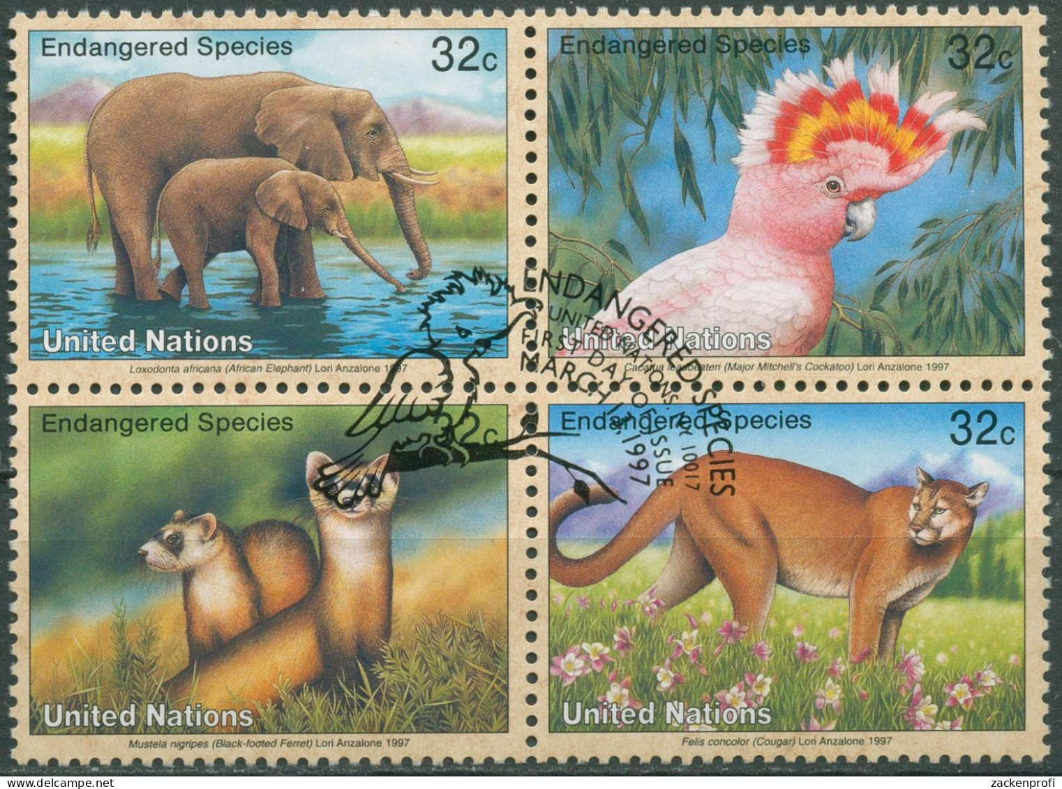 UNO New York 1997 Gefährdete Tiere Elefant Kakadu Puma 732/35 ZD Gestempelt - Gebruikt