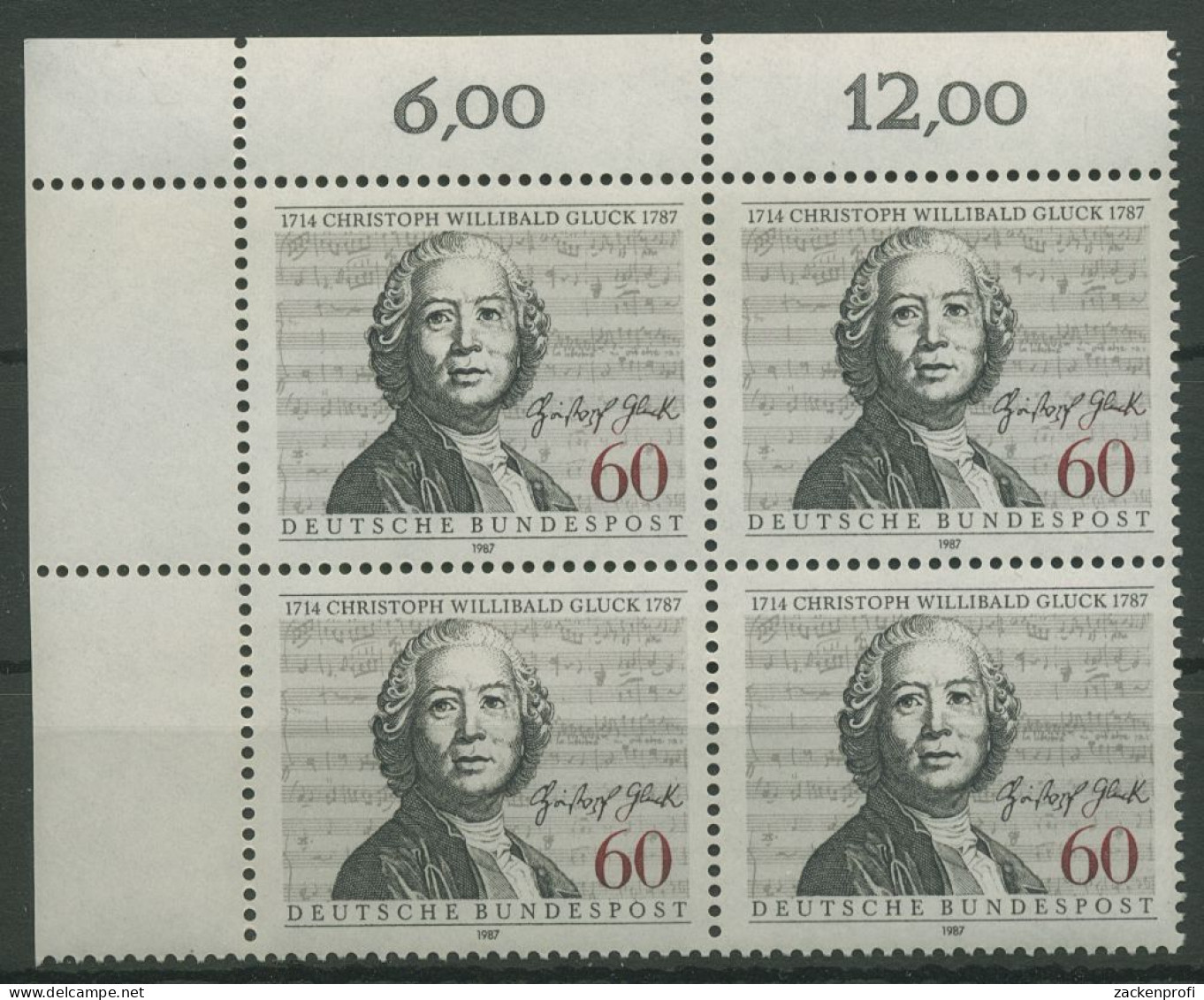 Bund 1987 Christoph Willibald Gluck 1343 4er-Block Ecke 1 Postfrisch (R80203) - Unused Stamps